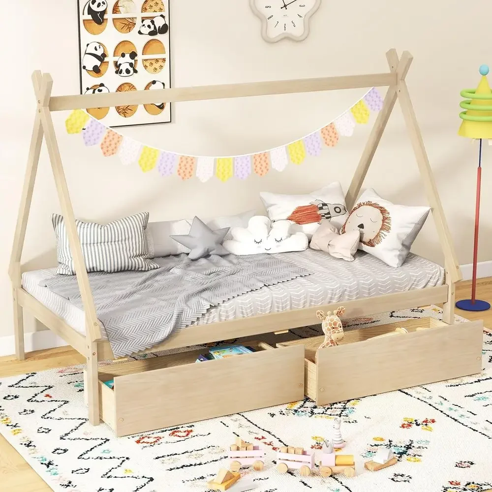 Twin Size Wood Platform Bed with Storage Drawers, No Box Spring Needed, Kids' Teepee Style Bed in Natural Finish
Twin Size Wood Platform Bed with Storage Drawers, No Box Spring Needed, Kids' Teepee Style Bed in Natural Finish