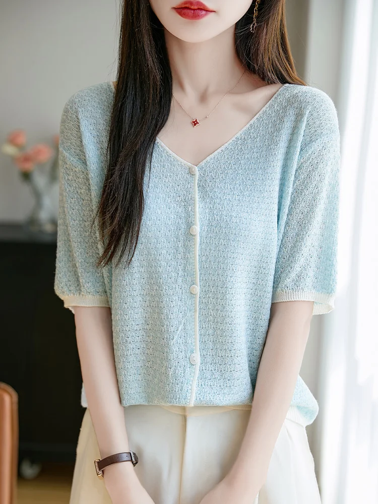 New Summer Thin Fine Spun Wool T-Shirt V-Neck Cardigan T-Shirt Breathable Comfortable T-Shirt Women's T-Shirt High Grade Fashion
New Summer Thin Fine Spun Wool T-Shirt V-Neck Cardigan T-Shirt Breathable Comfortable T-Shirt Women's T-Shirt High Grade Fashion