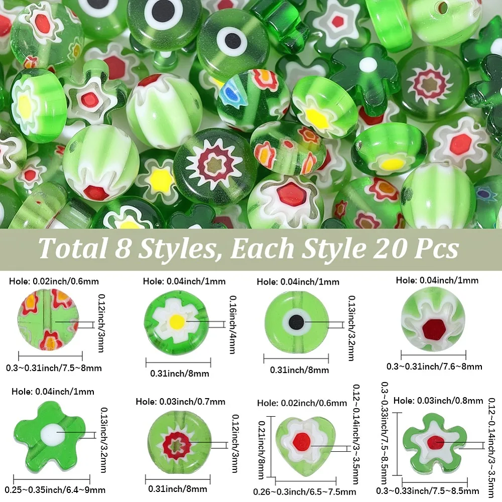 160Pcs 8 Styles Handmade Millefiori Lampwork Beads Mixed Shapes Green 6.4~9x3~8mm Hole: 0.6~1mm 20pcs/style
160Pcs 8 Styles Handmade Millefiori Lampwork Beads Mixed Shapes Green 6.4~9x3~8mm Hole: 0.6~1mm 20pcs/style