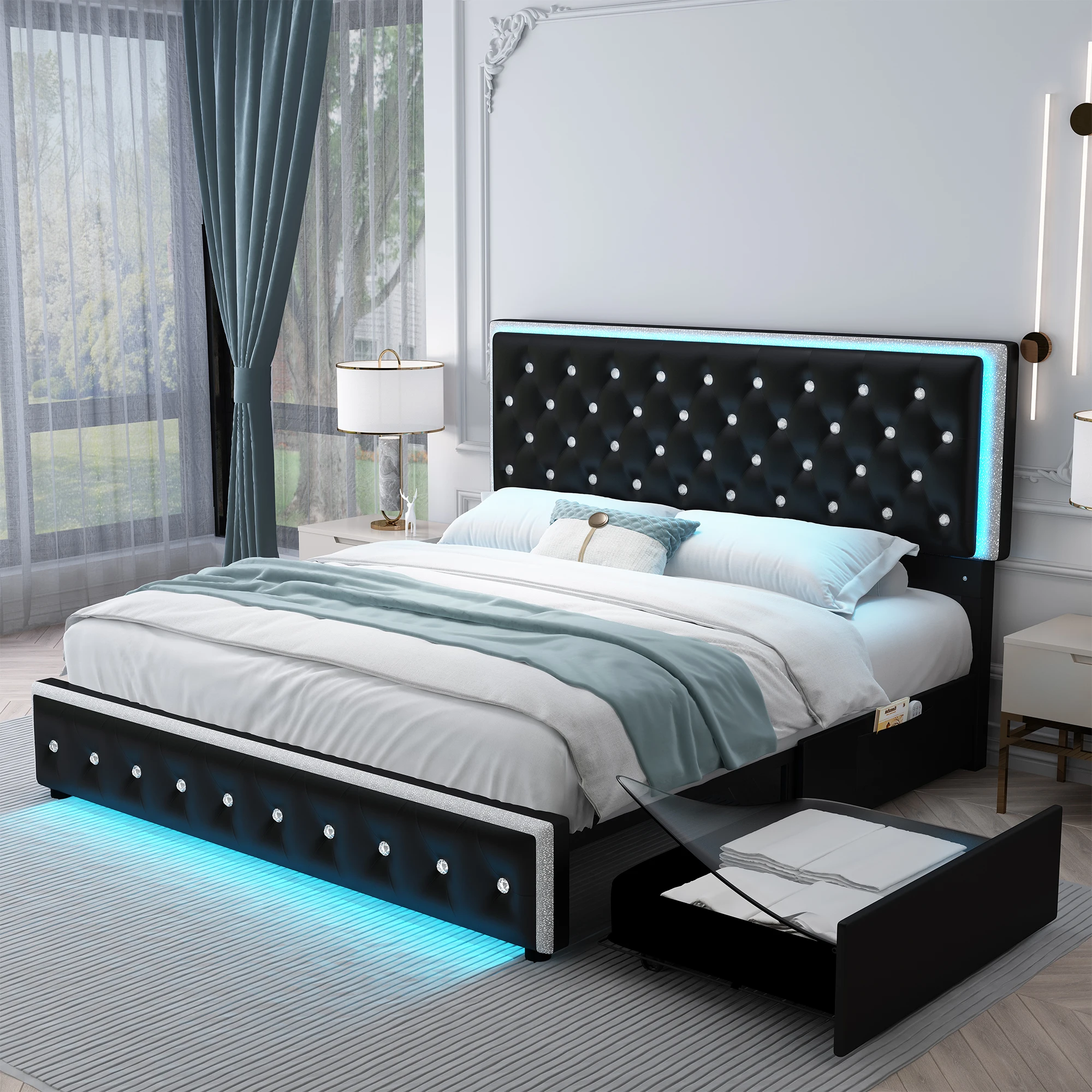 LED PU Bed Frame with 2 Drawers, Tufted Crystal Button Headboard & Footboard,
LED PU Bed Frame with 2 Drawers, Tufted Crystal Button Headboard & Footboard,