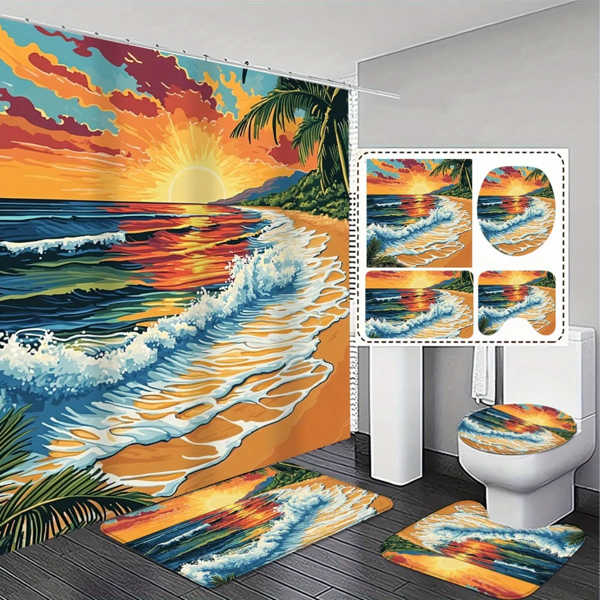 4pcs. Tropical Sunset Beach Shower Curtain Set - High Quality and Blackout Bathroom Curtain with Matching Non-Slip Absorbent
4pcs. Tropical Sunset Beach Shower Curtain Set - High Quality and Blackout Bathroom Curtain with Matching Non-Slip Absorbent