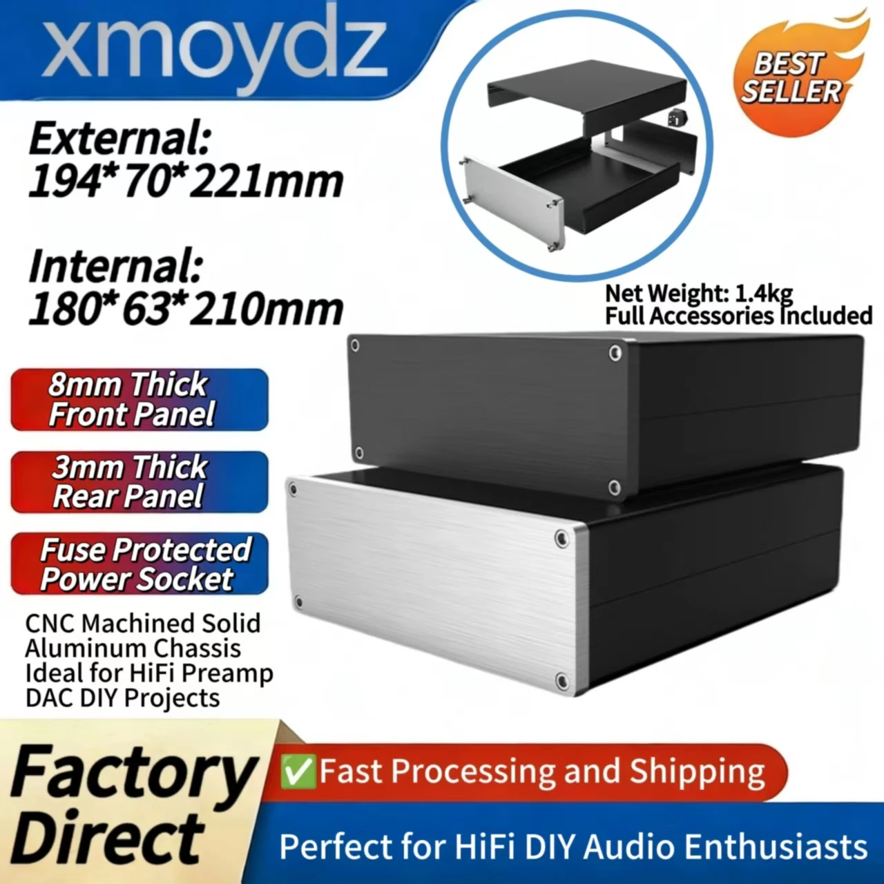 Корпус для Hi-Fi предусилителя и ЦАП из цельного алюминия, 194*70*221 мм, для самостоятельной сборки аудиоустройств, внутренний размер 180*63*210 мм
Корпус для Hi-Fi предусилителя и ЦАП из цельного алюминия, 194*70*221 мм, для самостоятельной сборки аудиоустройств, внутренний размер 180*63*210 мм