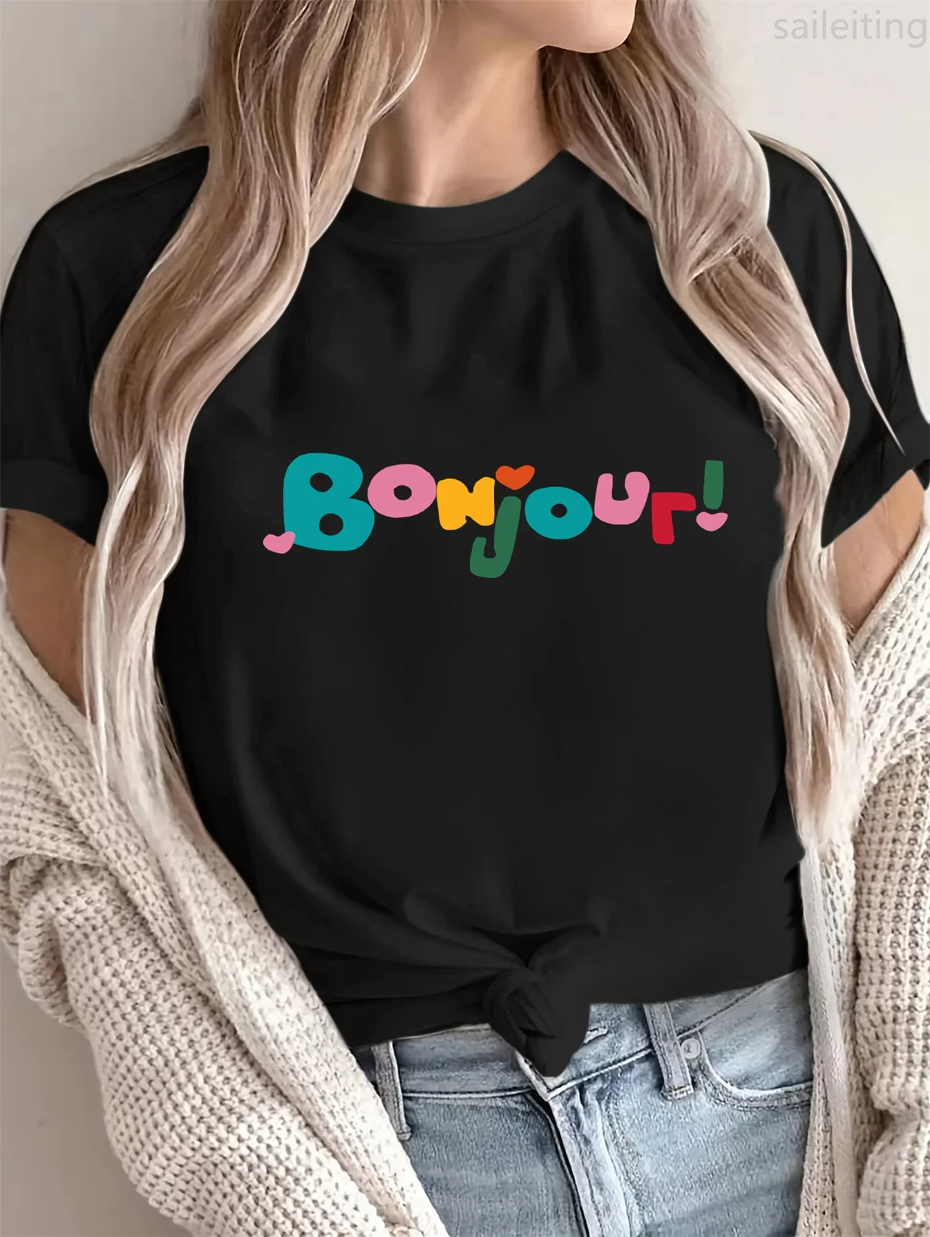 Womens Casual French Bonjour Graphic Shirt Sleeve Crew Neck with Colorful Letter Print Summer Sleeved Harajuku Streetwear
Womens Casual French Bonjour Graphic Shirt Sleeve Crew Neck with Colorful Letter Print Summer Sleeved Harajuku Streetwear