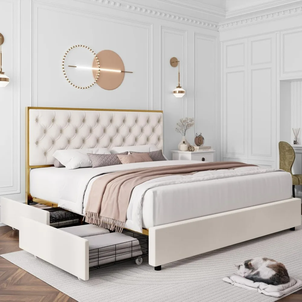 King Upholstered Bed Frame with 4 Storage Drawers and Handmade Button Tufted Headboard, Velvet King Size Platform Storage Bed
King Upholstered Bed Frame with 4 Storage Drawers and Handmade Button Tufted Headboard, Velvet King Size Platform Storage Bed