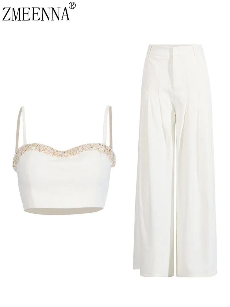 ZMEENNA Women's Elegant White Two Piece Set With Embellished Strapless Crop Top And High Waisted Wide Leg Pants Fashion ZM658
ZMEENNA Women's Elegant White Two Piece Set With Embellished Strapless Crop Top And High Waisted Wide Leg Pants Fashion ZM658