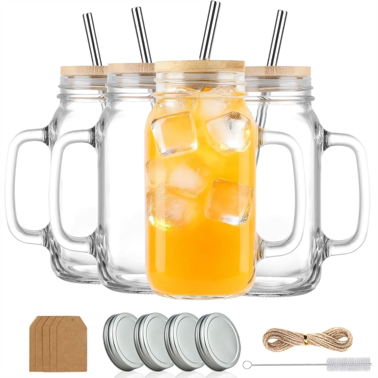 24 oz Mason Jar Cups with Handles, Wide Mouth Iced Coffee Cup with Bamboo Lids & Straws, Set of 4 for Smoothies, Party Beverages
24 oz Mason Jar Cups with Handles, Wide Mouth Iced Coffee Cup with Bamboo Lids & Straws, Set of 4 for Smoothies, Party Beverages