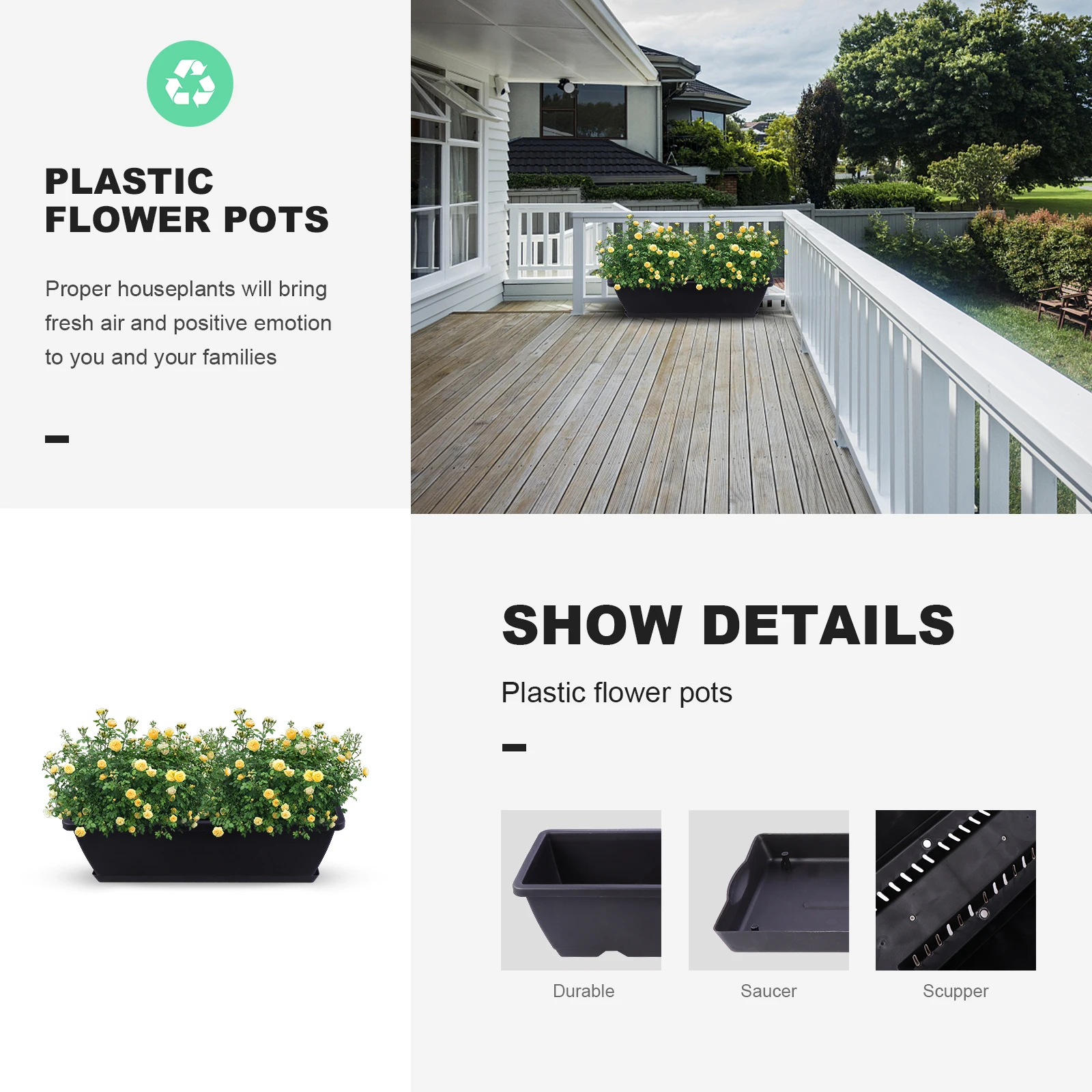 Rectangular Planting Trough Large Black Plastic Planter for Balcony Garden Indoor Decor Flower Pot Square Container Planter
Rectangular Planting Trough Large Black Plastic Planter for Balcony Garden Indoor Decor Flower Pot Square Container Planter