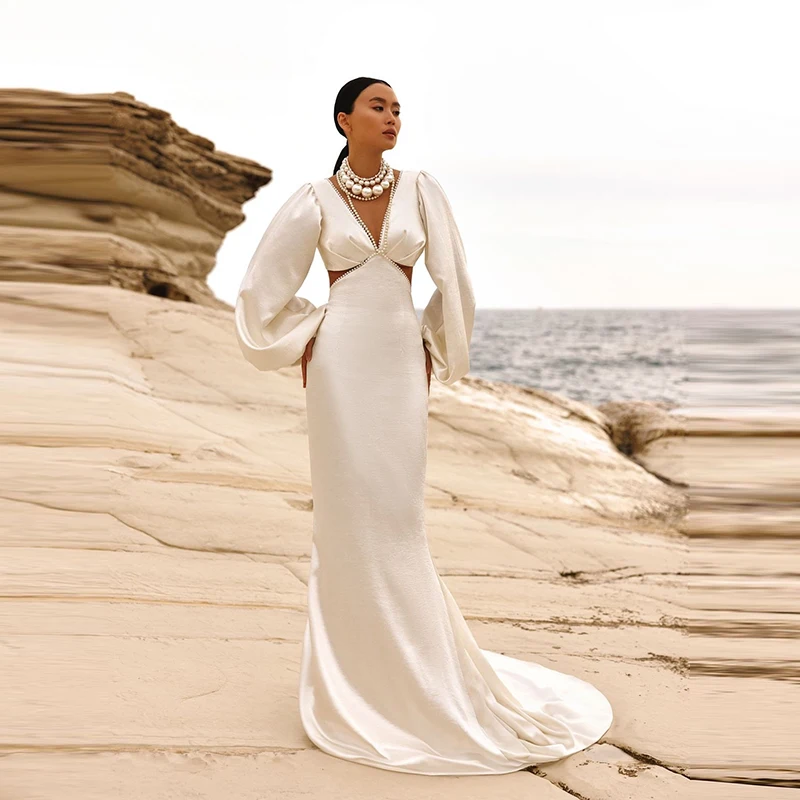 Elegant Mermaid Wedding Dress Silk Taffeta With Sheath Ball Gown V-Neck Bishop Sleeve Bridal Dress Lace Up Vestido De Casamento
Elegant Mermaid Wedding Dress Silk Taffeta With Sheath Ball Gown V-Neck Bishop Sleeve Bridal Dress Lace Up Vestido De Casamento