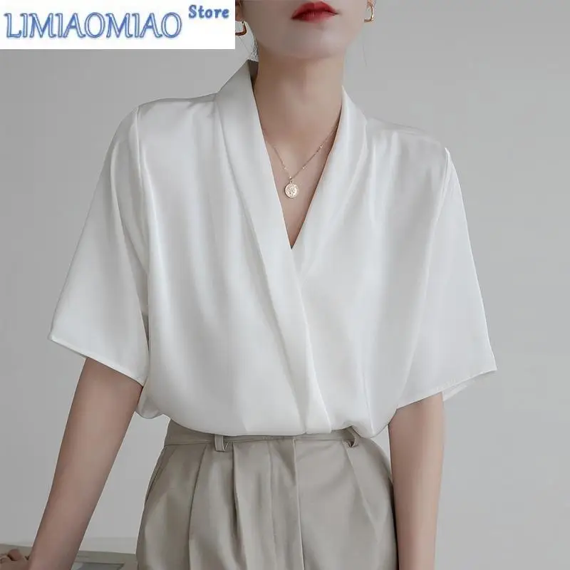 Summer Front Cross V-neck Satin Women's Blouses New Short Sleeve Elagant Korean Office Lady Casual Loose Shirts Female
Summer Front Cross V-neck Satin Women's Blouses New Short Sleeve Elagant Korean Office Lady Casual Loose Shirts Female