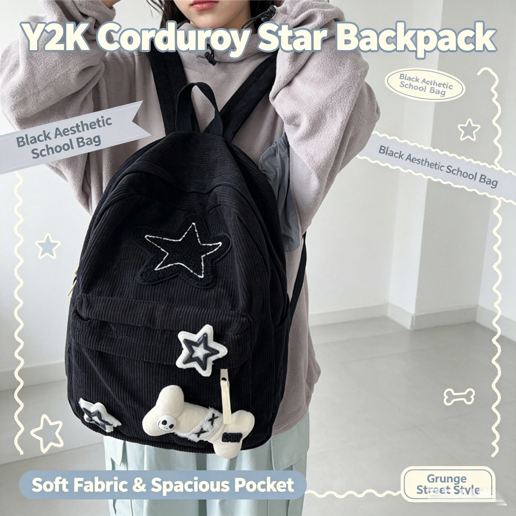 Korean Y2K Harajuku Corduroy Backpack B&W Star Patch Goth Skull Doll Cute Japanese Streetwear Student Rucksack Teen Girls
Korean Y2K Harajuku Corduroy Backpack B&W Star Patch Goth Skull Doll Cute Japanese Streetwear Student Rucksack Teen Girls