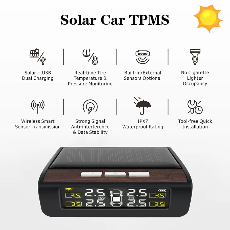 Intelligent TPMS Solar Tyre Pressure Monitoring System Parking 4 Sensors For Cars Temperature sensors Digital Colorful Display
Intelligent TPMS Solar Tyre Pressure Monitoring System Parking 4 Sensors For Cars Temperature sensors Digital Colorful Display