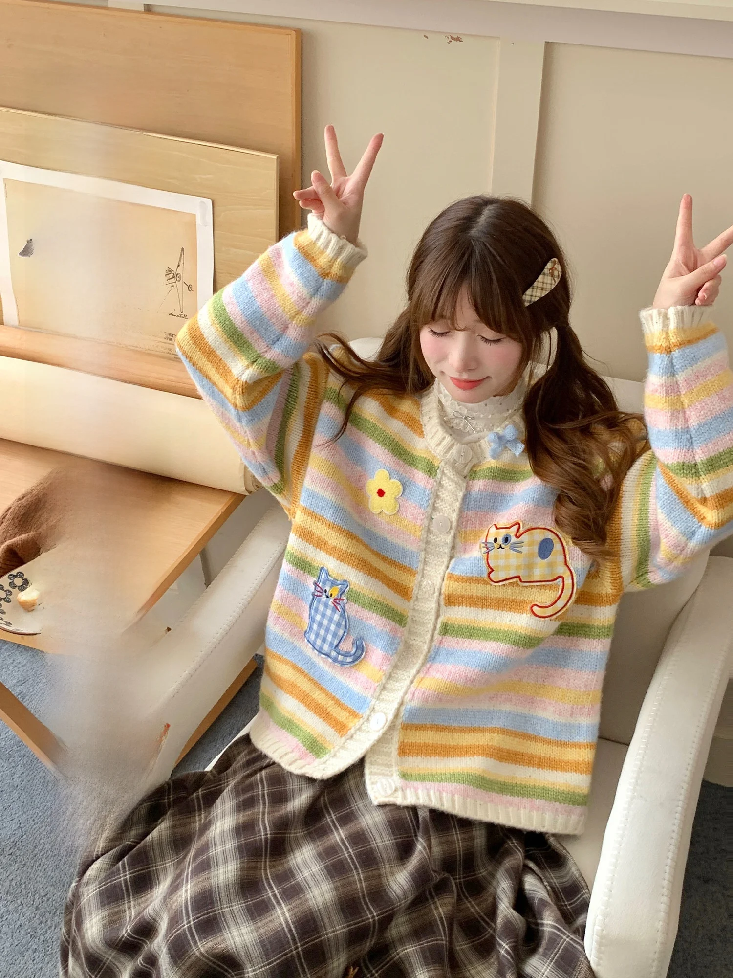 Bibi Bency Women's Knitted Open Cardigan Loose Fit Rainbow Stripes Sweater Autumn Winter Sweet Sle Long Sve round Ne
Bibi Bency Women's Knitted Open Cardigan Loose Fit Rainbow Stripes Sweater Autumn Winter Sweet Sle Long Sve round Ne