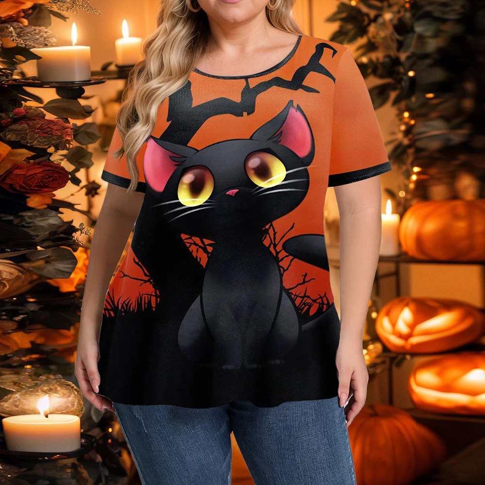 Plus Size Halloween Style Women's T-Shirt Casual Round Neck Short Sleeve Summer Tops Loose Black Cat Graphic Printed Female Tees
Plus Size Halloween Style Women's T-Shirt Casual Round Neck Short Sleeve Summer Tops Loose Black Cat Graphic Printed Female Tees