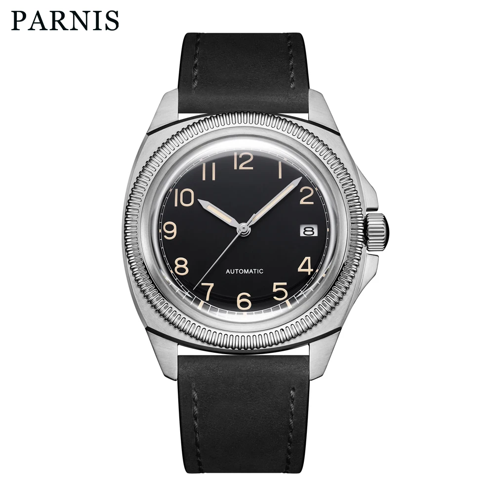 Parnis 41mm Black Dial Luminous Marker Japan NH35 Automatic Mechanical Movement Men Watches Leather Strap Sports Watch for Men
Parnis 41mm Black Dial Luminous Marker Japan NH35 Automatic Mechanical Movement Men Watches Leather Strap Sports Watch for Men