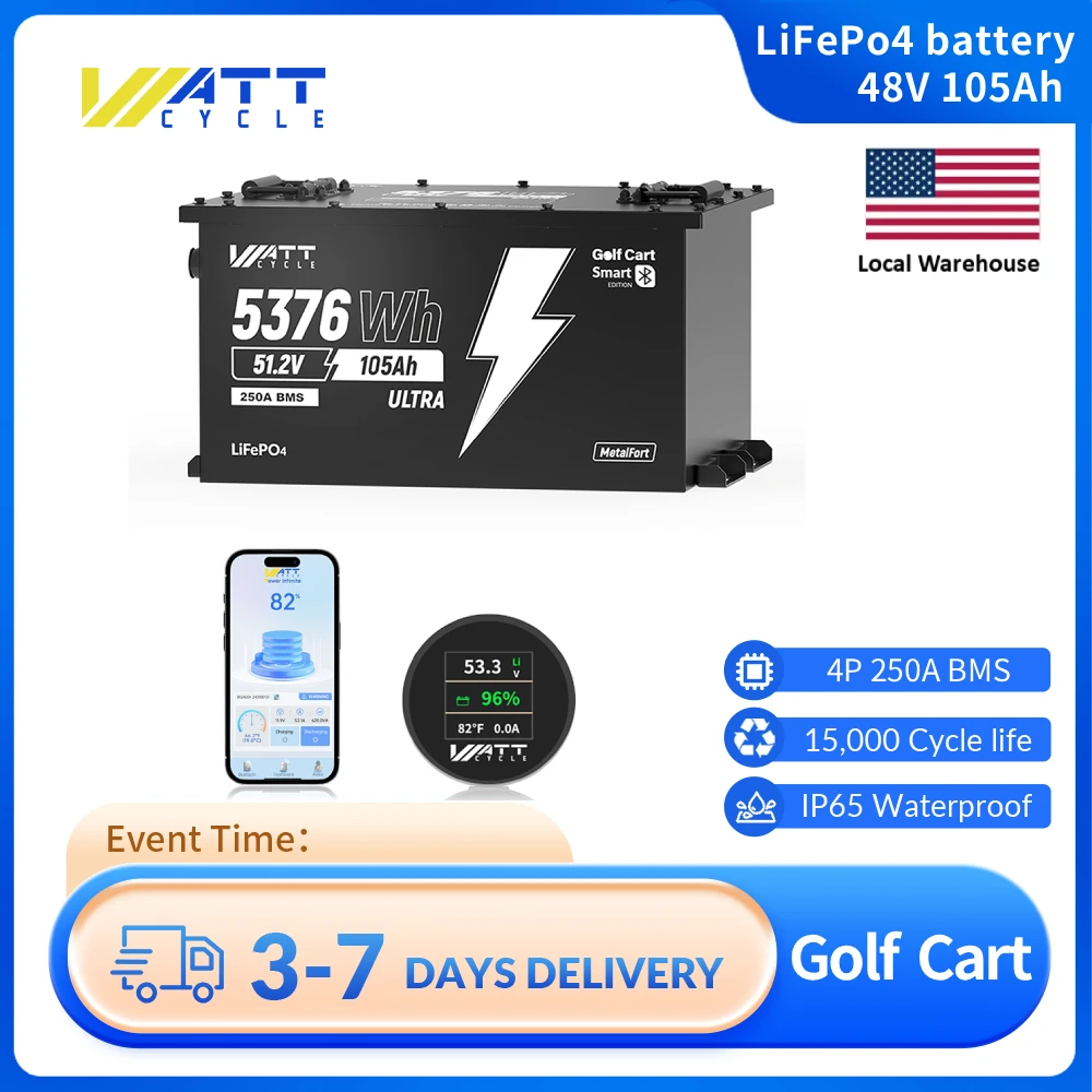 Wattcycle 48V 105Ah LiFePO4 литиевая батарея тележка для гольфа 250A BMS 5376Wh Energy с Bluetooth 15000+ глубокими циклами для тележки для гольфа 
Wattcycle 48V 105Ah LiFePO4 литиевая батарея тележка для гольфа 250A BMS 5376Wh Energy с Bluetooth 15000+ глубокими циклами для тележки для гольфа