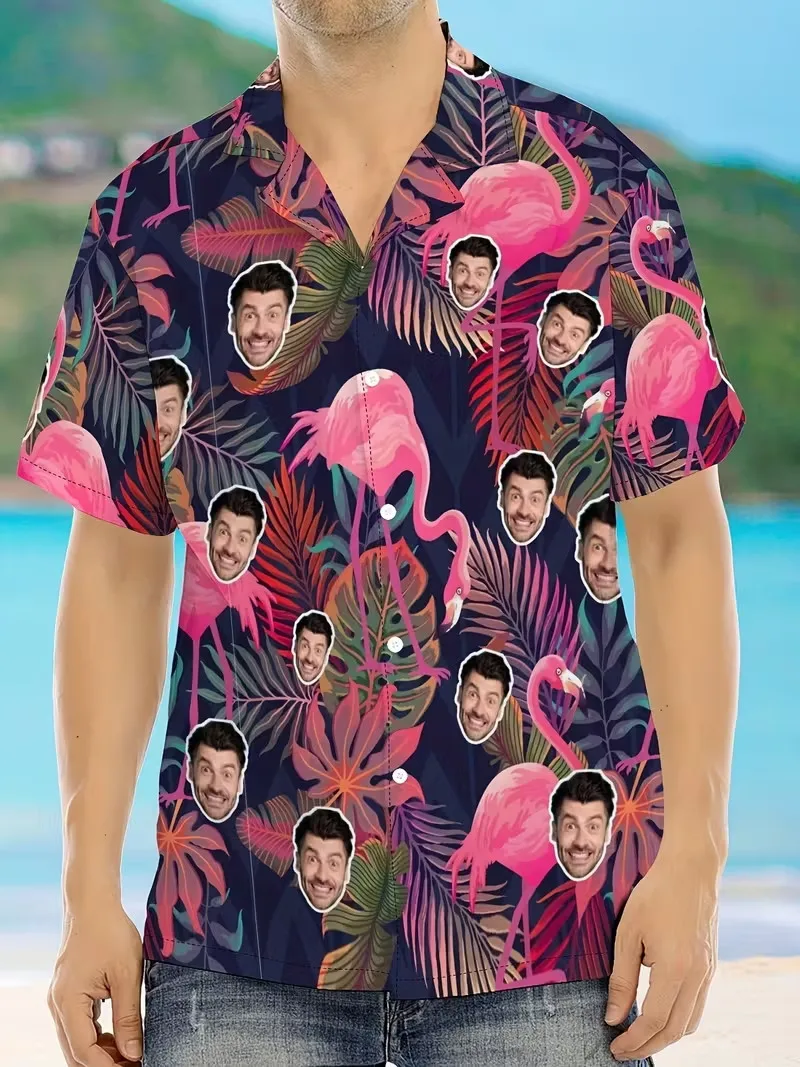 Custom Face Pink Flamingo Print Hawaiian Shirts Personalized Photo Tropical Palm Leaf Short Sleeve Button Down Beach Shirt
Custom Face Pink Flamingo Print Hawaiian Shirts Personalized Photo Tropical Palm Leaf Short Sleeve Button Down Beach Shirt