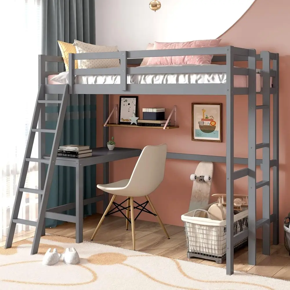 Gray Twin Size Loft Bed with Desk, Protective Guardrail, and Double Ladders for Kids, Teens, and Adults - Space-Saving and Easy
Gray Twin Size Loft Bed with Desk, Protective Guardrail, and Double Ladders for Kids, Teens, and Adults - Space-Saving and Easy