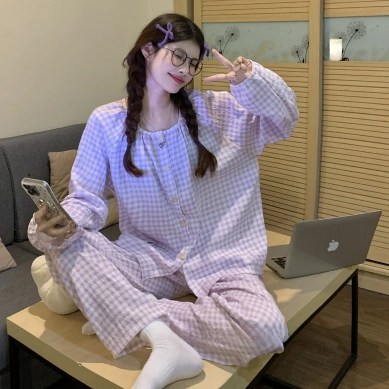 Plaid Long Sleeve Sleepwear Women's 2025 New Outerwear Two-Piece Set Home Clothes Set Comfortable Cloud Cotton Material
Plaid Long Sleeve Sleepwear Women's 2025 New Outerwear Two-Piece Set Home Clothes Set Comfortable Cloud Cotton Material