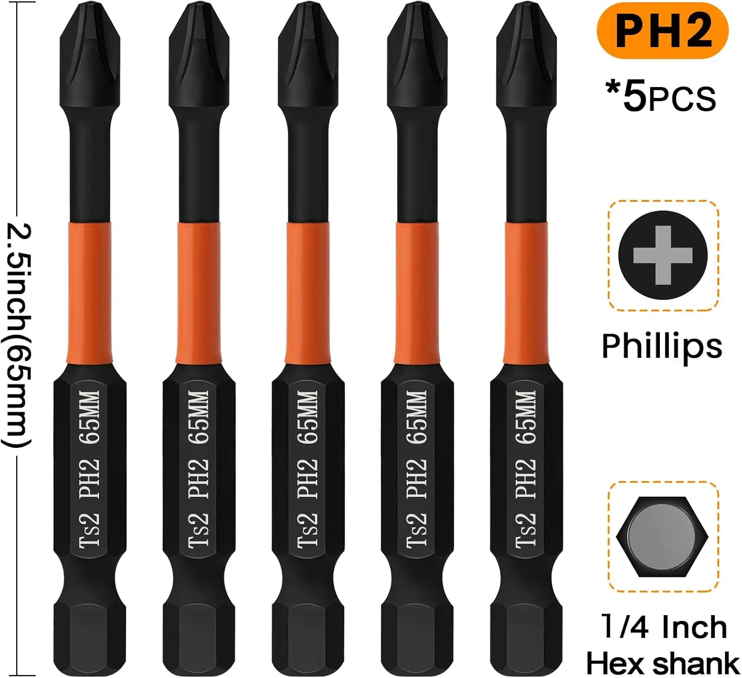 5Pcs PH2 Impact-Ready Screwdriver Bits - 65mm Magnetic Tips, Premium S2 Steel for Heavy Duty Use
5Pcs PH2 Impact-Ready Screwdriver Bits - 65mm Magnetic Tips, Premium S2 Steel for Heavy Duty Use