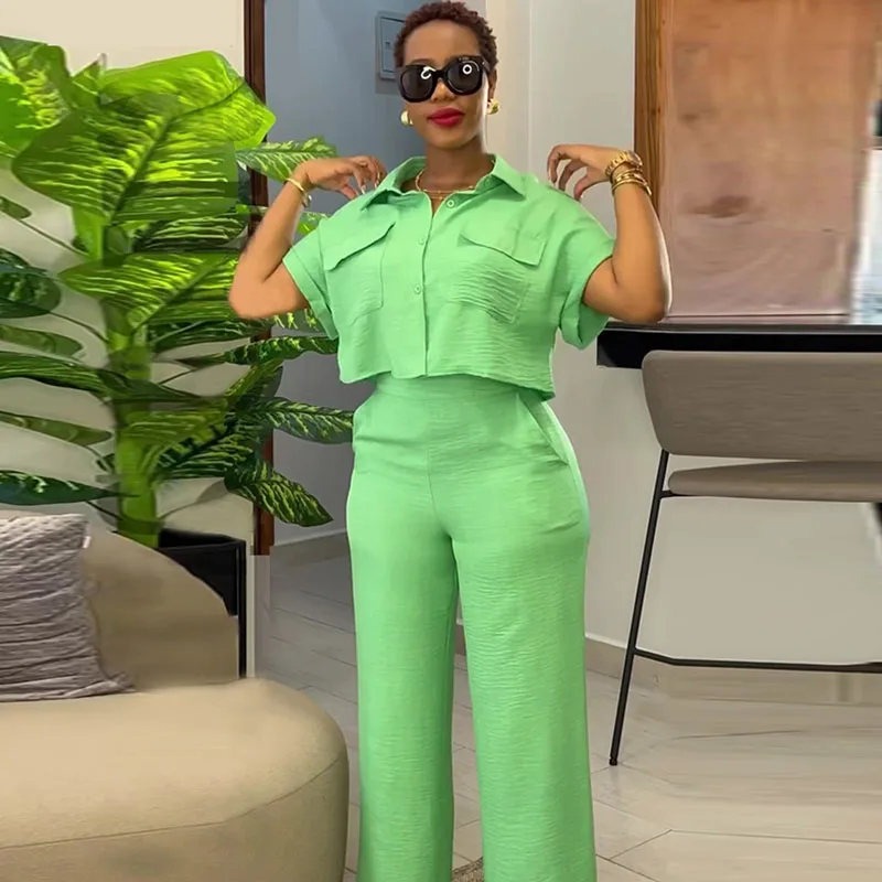 Elegant Streetwear Two Piece Set Women Outfit Short Sleeve Button Up Turn-down Collar Shirt Top and Wide Leg Pants Matching Sets
Elegant Streetwear Two Piece Set Women Outfit Short Sleeve Button Up Turn-down Collar Shirt Top and Wide Leg Pants Matching Sets