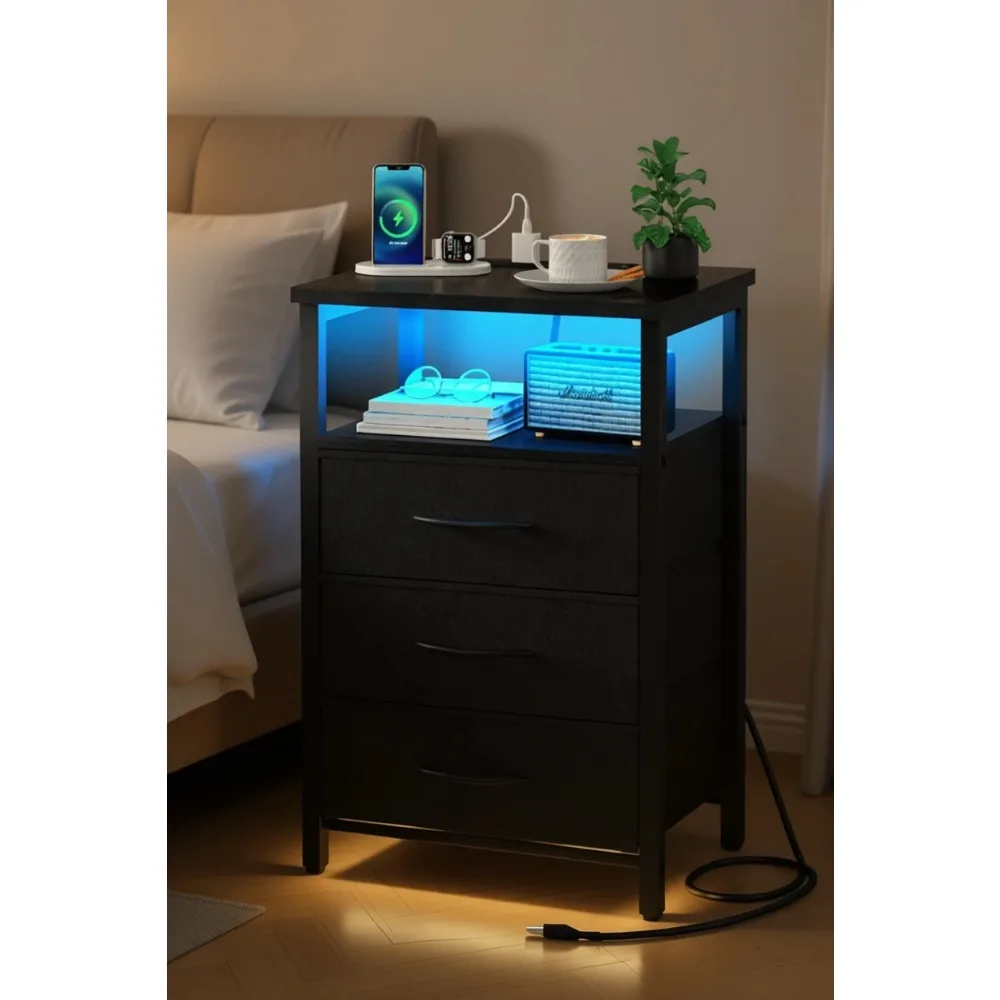 Nightstand with Charging Station LED USB Outlets 3 Drawers Storage Shelf Compact Bedside Table for Small Spaces
Nightstand with Charging Station LED USB Outlets 3 Drawers Storage Shelf Compact Bedside Table for Small Spaces