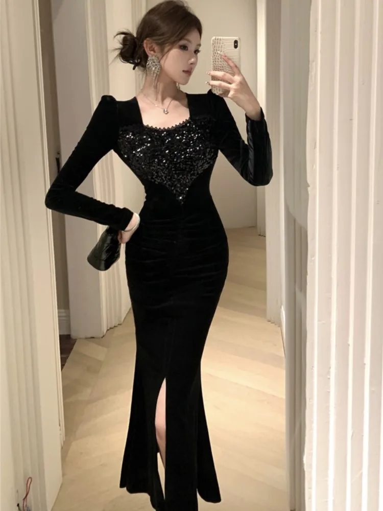 Elegant Black Mermaid Womens Dresses Sexy Square Collar Long Sleeves Bodycon Evening Party Dress Split Vestidos Female Clothing
Elegant Black Mermaid Womens Dresses Sexy Square Collar Long Sleeves Bodycon Evening Party Dress Split Vestidos Female Clothing