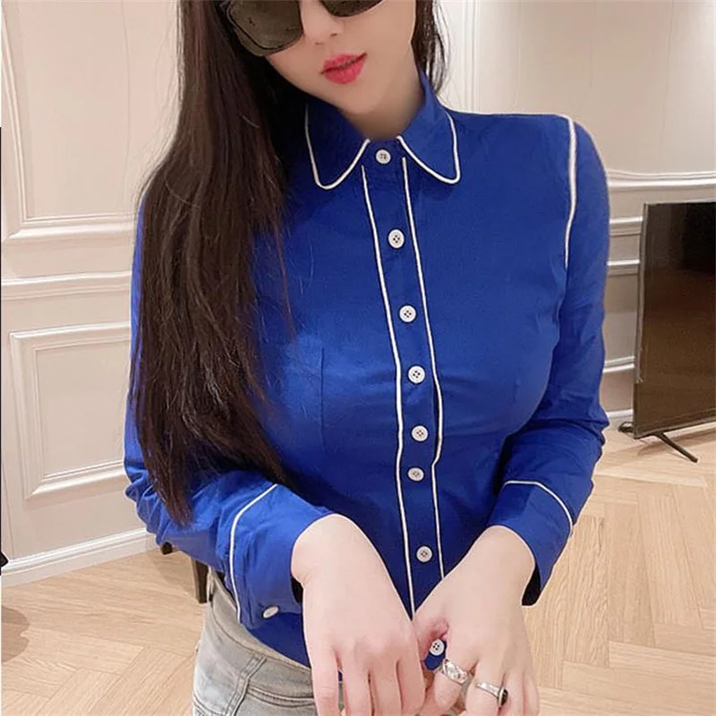 Design Long Sleeve Shirt Women's Blue Slim Single Breasted Fashion blouse Women
Design Long Sleeve Shirt Women's Blue Slim Single Breasted Fashion blouse Women