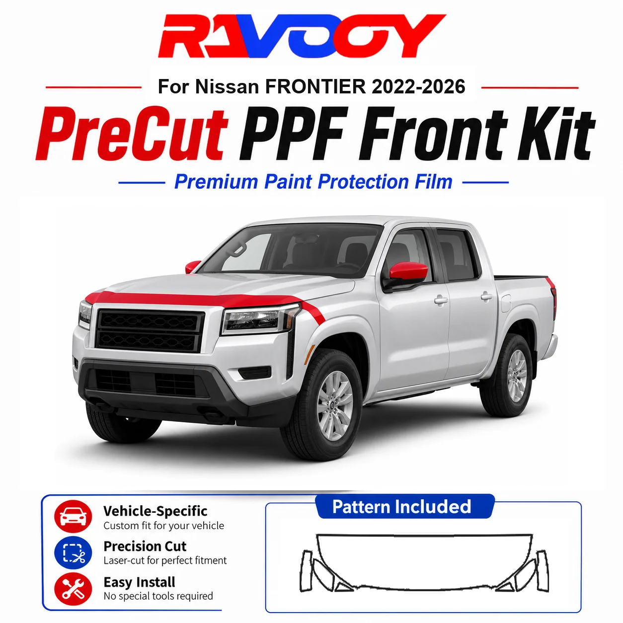 8.5mil TPU Precut PPF Kit For Nissan FRONTIER 2022-2026 - Hood, Fenders & Mirror Set - Self-Healing Clear Bra Film
8.5mil TPU Precut PPF Kit For Nissan FRONTIER 2022-2026 - Hood, Fenders & Mirror Set - Self-Healing Clear Bra Film