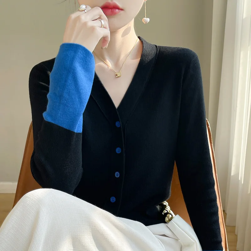 Women'S Fine Wool Sleeve Color Block Knitted Cardigan Spring Autumn New Striped Slimming Color Block Sweater Coat
Women'S Fine Wool Sleeve Color Block Knitted Cardigan Spring Autumn New Striped Slimming Color Block Sweater Coat