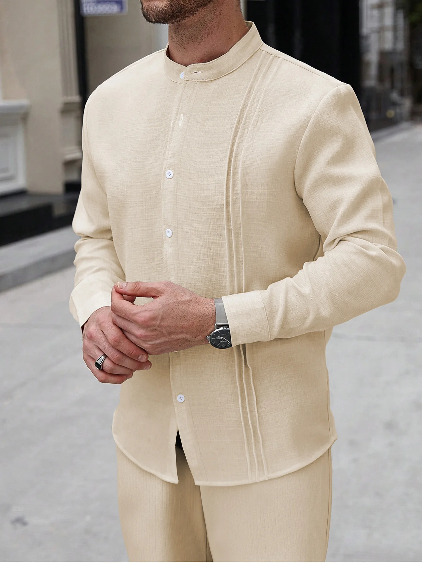 Men's 2 Piece Chinese Style Outfits, Beige Stand Collar Pleated Shirt & Drawstring Pants Set
Men's 2 Piece Chinese Style Outfits, Beige Stand Collar Pleated Shirt & Drawstring Pants Set