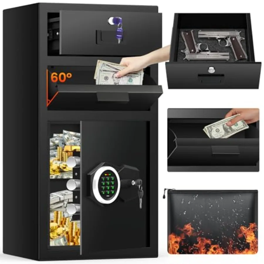 Commercial cash drop safe: heavy-duty steel, black, 7.5 cu ft capacity with quick-drop slot, digital keypad, drawer, and spare
Commercial cash drop safe: heavy-duty steel, black, 7.5 cu ft capacity with quick-drop slot, digital keypad, drawer, and spare