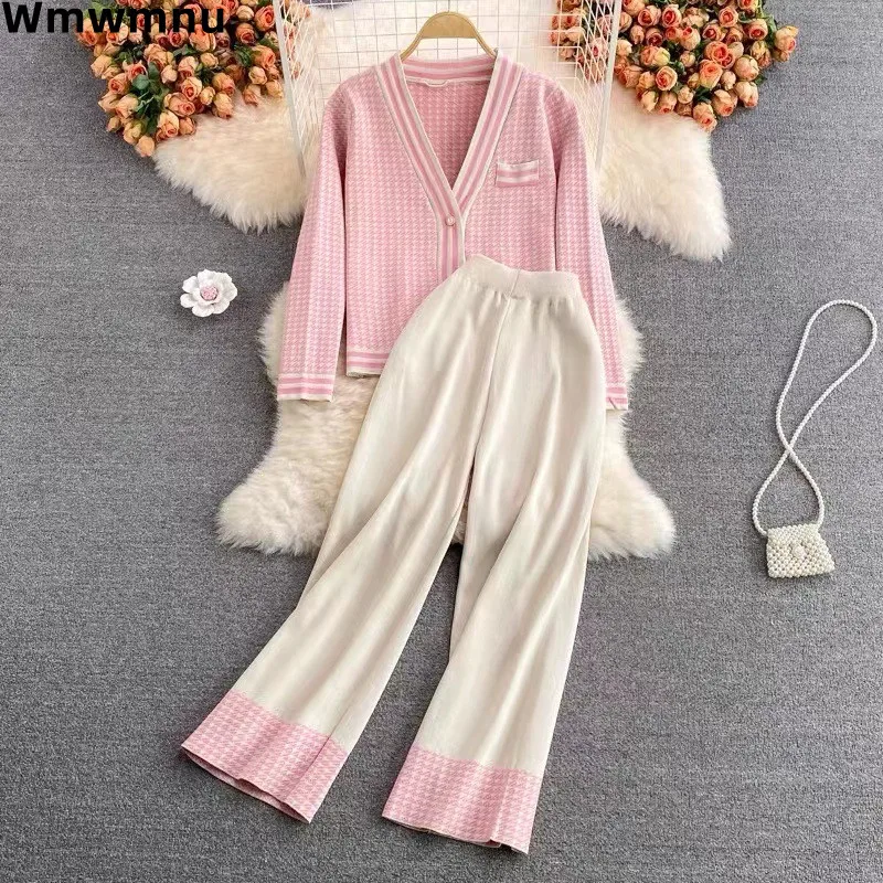 Knitted Korea Elegant Women 2 Piece Sets Casual V-neck Cardigan Coats Tops Conjunto High Waist Wide Leg Ankle Length Pants Suit
Knitted Korea Elegant Women 2 Piece Sets Casual V-neck Cardigan Coats Tops Conjunto High Waist Wide Leg Ankle Length Pants Suit
