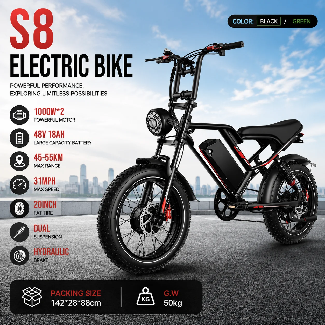 OBX S8 E-Bike Off-Road Electric Bike 2000W Dual Motor 48V 18Ah Battery 20 Inch Fat Tire Hydraulic Brake 45-55KM Range
OBX S8 E-Bike Off-Road Electric Bike 2000W Dual Motor 48V 18Ah Battery 20 Inch Fat Tire Hydraulic Brake 45-55KM Range