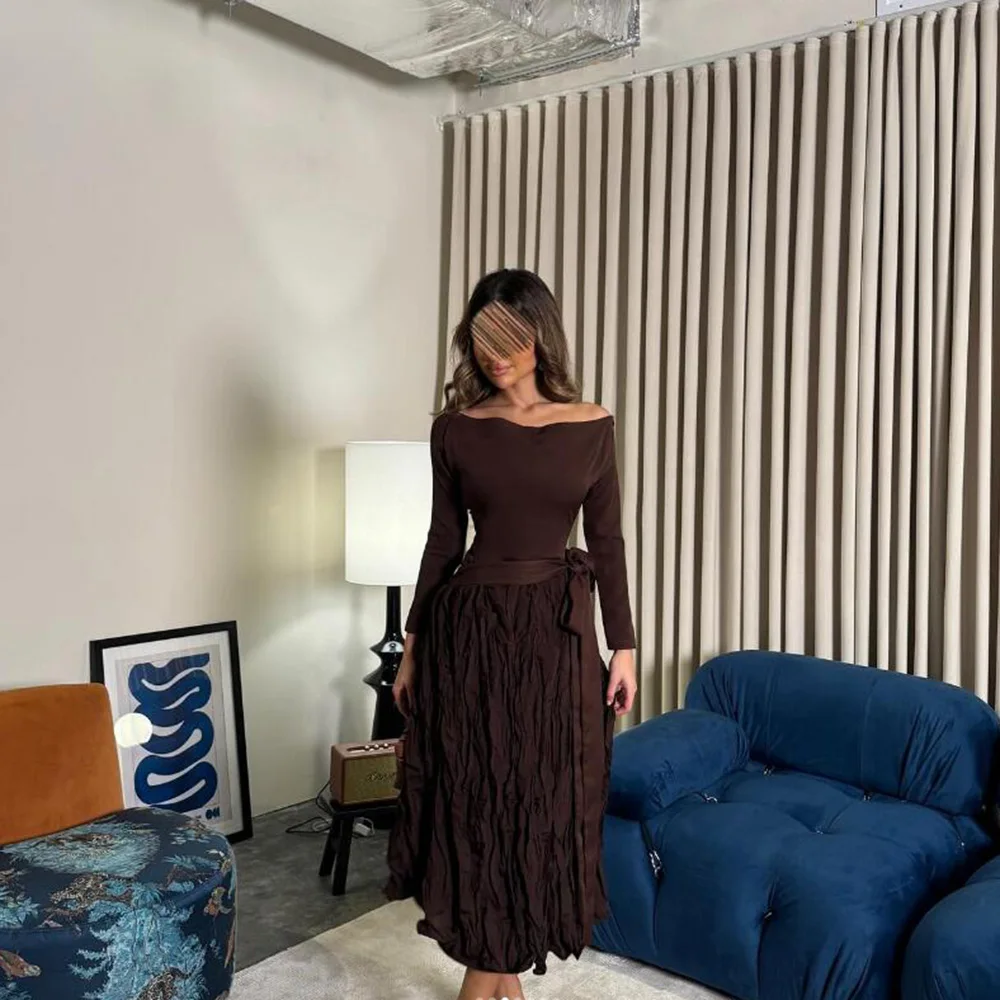 Customized Prom Dresses A-LineTea-Length Off The Shoulder Full Sleeve Boat Neck Evening Dresses Fashion Simple Draped Bow Sashes
Customized Prom Dresses A-LineTea-Length Off The Shoulder Full Sleeve Boat Neck Evening Dresses Fashion Simple Draped Bow Sashes