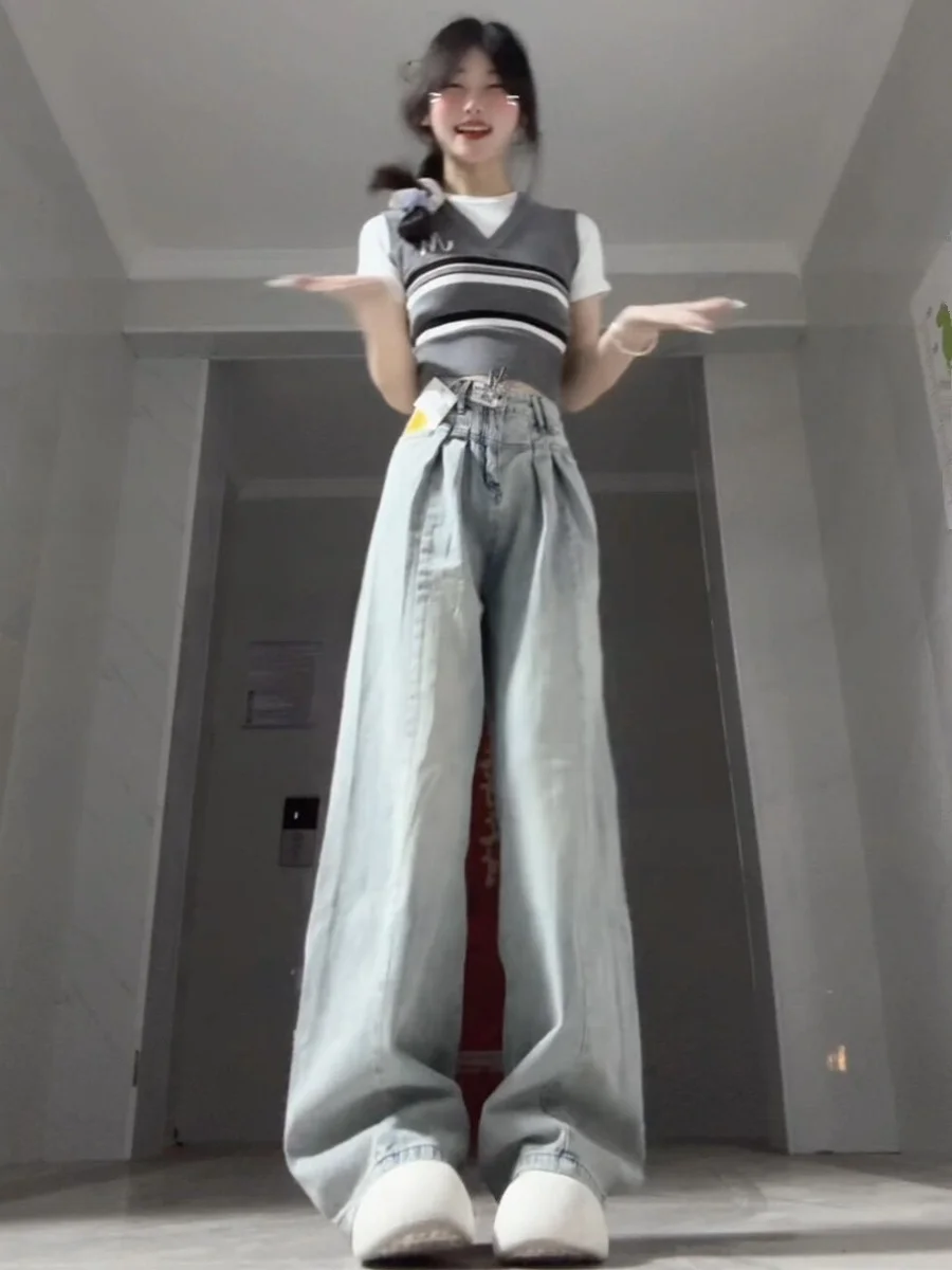 American Retro Light Blue Pleated Wide Leg Jeans Women's Small Size Summer High Waist Loose Slim Straight Long Pants
American Retro Light Blue Pleated Wide Leg Jeans Women's Small Size Summer High Waist Loose Slim Straight Long Pants