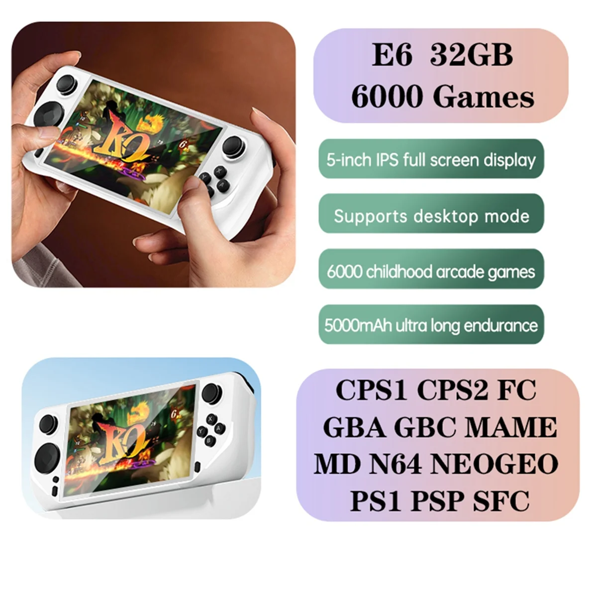 Портативная игровая консоль E6 32 ГБ 6000 + игровой 5-дюймовый экран 5000 мАч Поддержка игровой консоли GBA GBC PSP PS1 N64 Белый ГОРЯЧИЙ
Портативная игровая консоль E6 32 ГБ 6000 + игровой 5-дюймовый экран 5000 мАч Поддержка игровой консоли GBA GBC PSP PS1 N64 Белый ГОРЯЧИЙ
