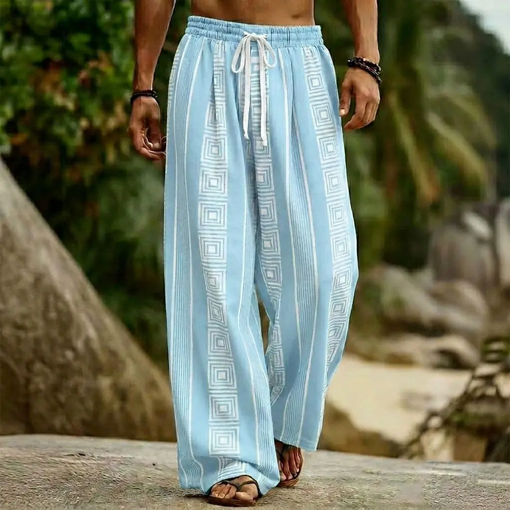 Men's Geometric Striped Bohemian 3D Print Wide Leg Pants, Drawstring Waist Pants For Spring Summer Outdoor Vacation Daily Wear
Men's Geometric Striped Bohemian 3D Print Wide Leg Pants, Drawstring Waist Pants For Spring Summer Outdoor Vacation Daily Wear