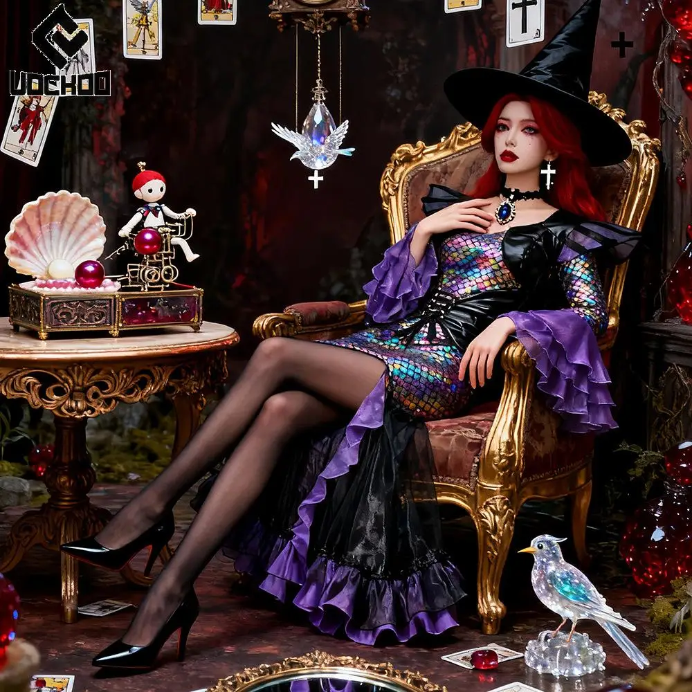 Sea Witch Mermaid Cosplay Costume Women Iridescent Fish-Scale Printed Long Dress Halloween Party Flare Sleeve Mermaid Tail Dress
Sea Witch Mermaid Cosplay Costume Women Iridescent Fish-Scale Printed Long Dress Halloween Party Flare Sleeve Mermaid Tail Dress