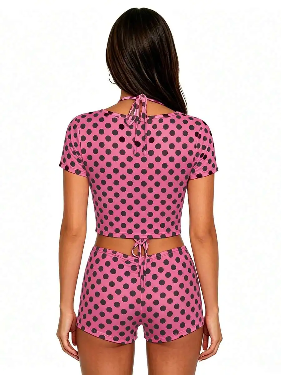 Women Polka Dot Print Halter Crop Top And Mini Shorts Swimsuit Set
Women Polka Dot Print Halter Crop Top And Mini Shorts Swimsuit Set