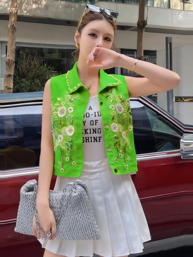 Fluorescent Green Denim Vest Women's Spring Summer New Bead Design Sense Vest Shoulder Jacket Vest Breathable Short Length
Fluorescent Green Denim Vest Women's Spring Summer New Bead Design Sense Vest Shoulder Jacket Vest Breathable Short Length