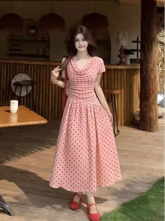 Summer Vintage Polka Dot Dress Gentle Wide Hem Swinging Neckline plus Size Women's Clothing French Style Printed Long Dress
Summer Vintage Polka Dot Dress Gentle Wide Hem Swinging Neckline plus Size Women's Clothing French Style Printed Long Dress