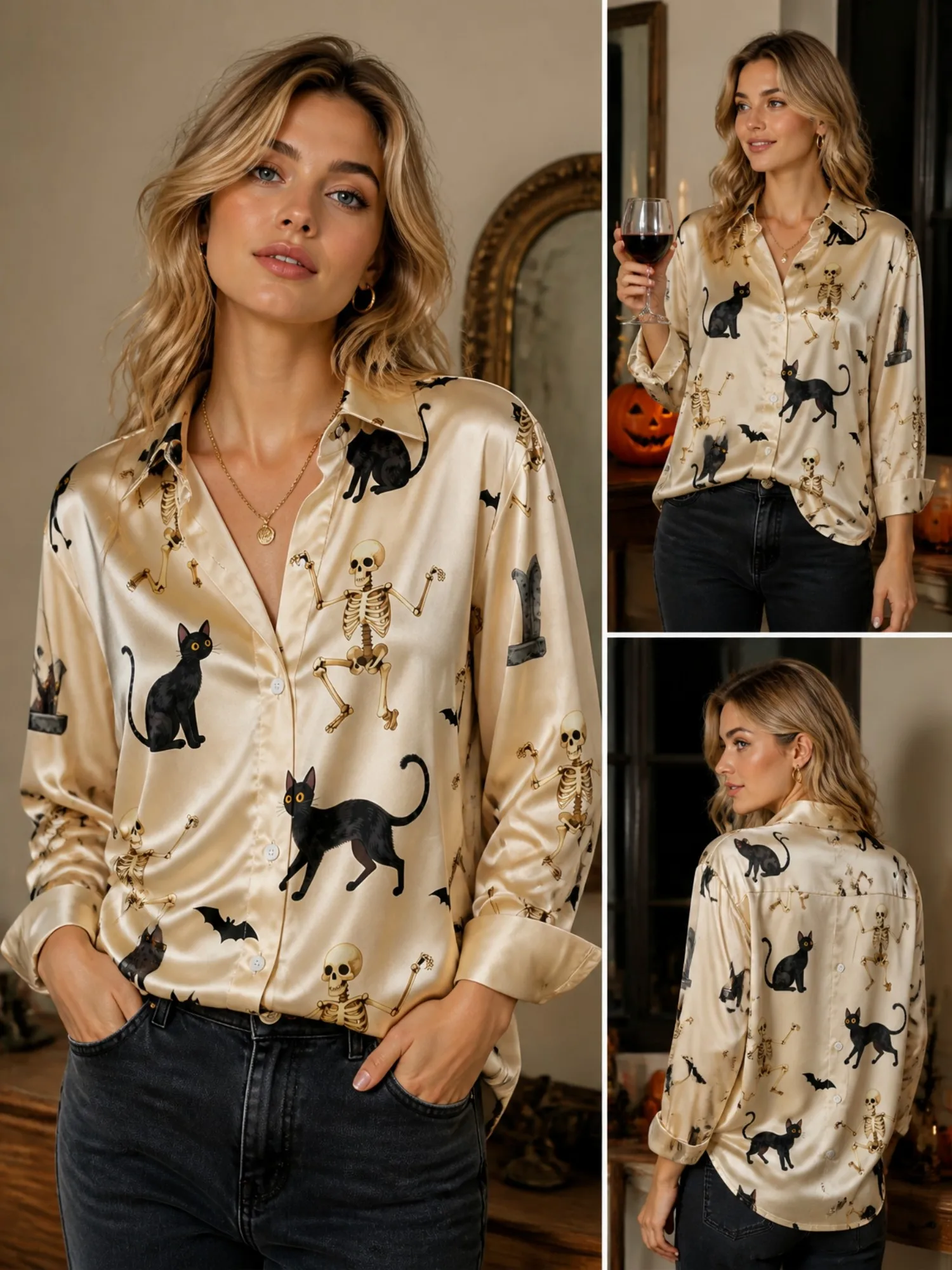 Champagne Black Cat Skeleton Satin Blouse for Women Long Sleeve Button Down Shirt Halloween Party Silky Top
Champagne Black Cat Skeleton Satin Blouse for Women Long Sleeve Button Down Shirt Halloween Party Silky Top