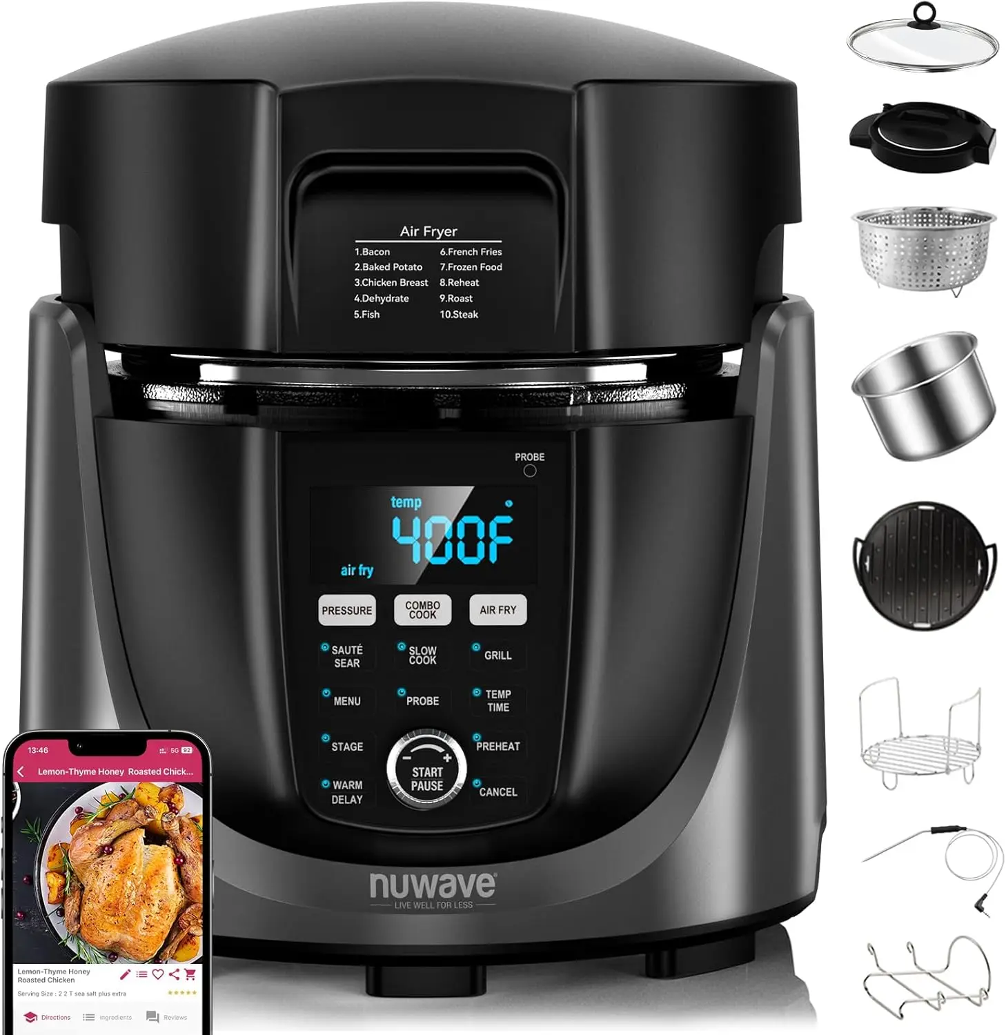 Electric Pressure Cooker and Air Fryer Combo, 6qt Multi-Function Slow Cooker with Digital Temp Probe and Safety Features
Electric Pressure Cooker and Air Fryer Combo, 6qt Multi-Function Slow Cooker with Digital Temp Probe and Safety Features