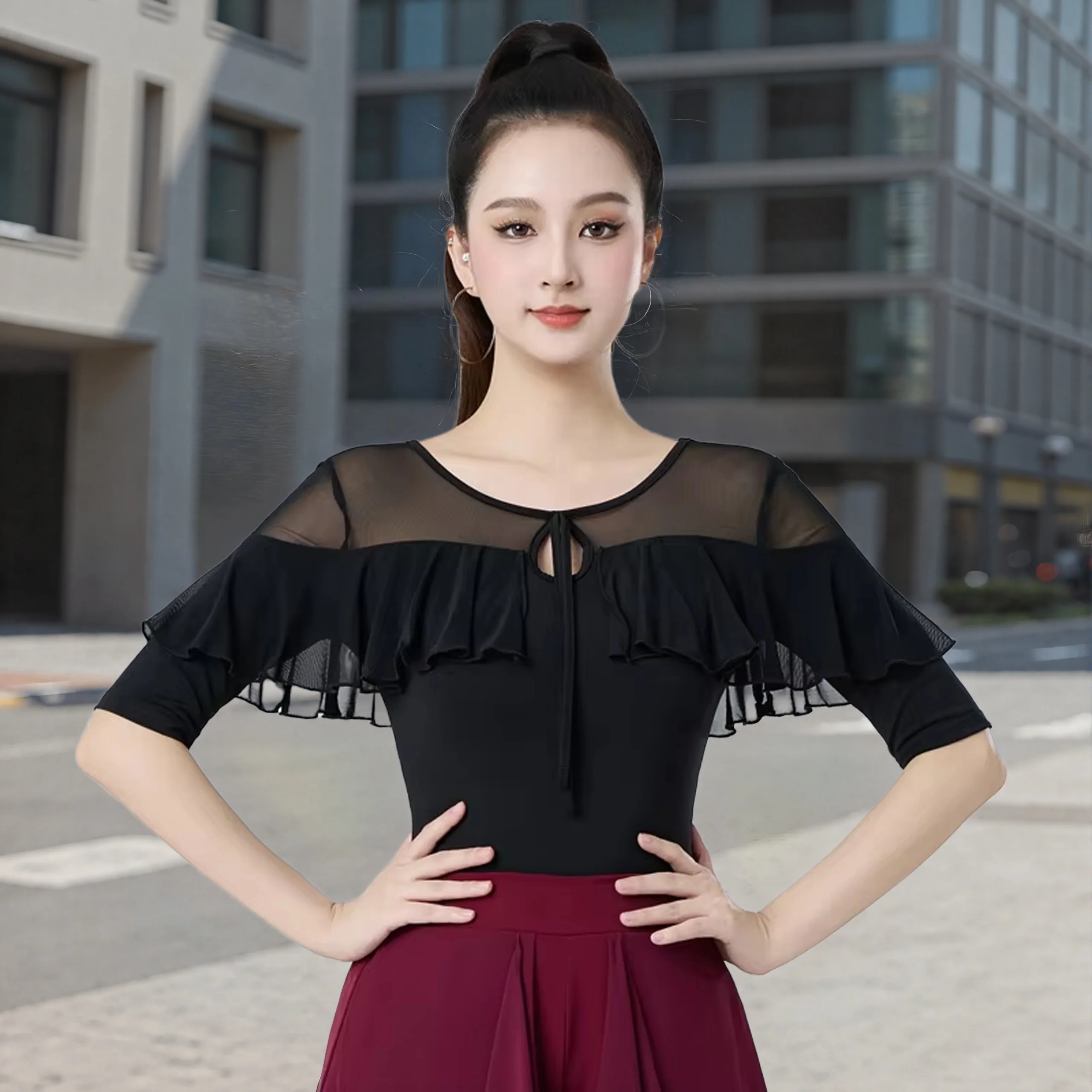 Woman Summer Latin Line Dance Top Costume Samba Style Modern Dance Costumes With Tulle Panel Black Mid Length Sleeve Clothing
Woman Summer Latin Line Dance Top Costume Samba Style Modern Dance Costumes With Tulle Panel Black Mid Length Sleeve Clothing