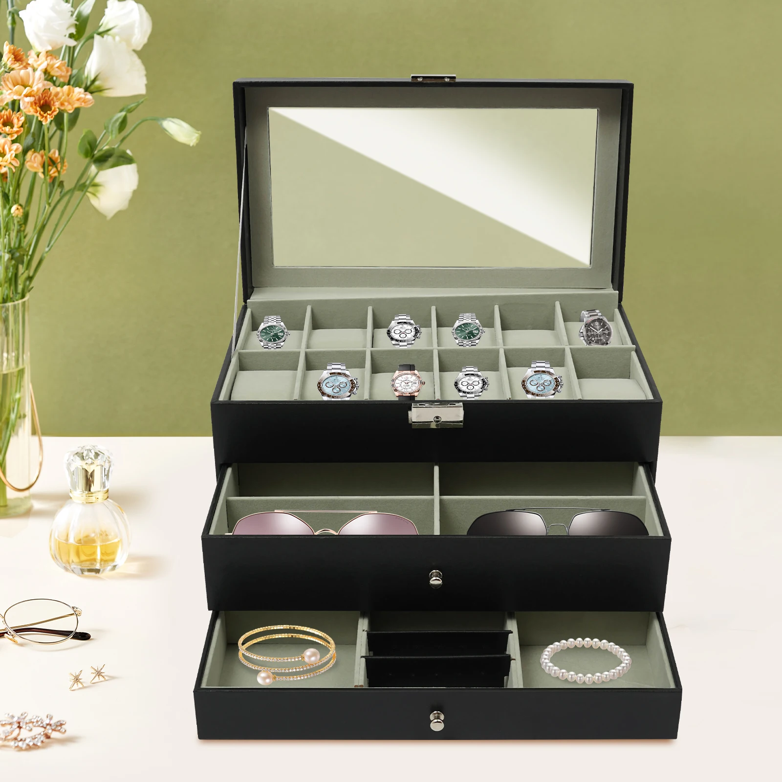 Jewelry Box Organizer with Lock 12 Watch Slots 2 Drawers Velvet Lined Large Storage Display Case for Earrings Necklace Rings Sunglasses Men Women Gift
Jewelry Box Organizer with Lock 12 Watch Slots 2 Drawers Velvet Lined Large Storage Display Case for Earrings Necklace Rings Sunglasses Men Women Gift