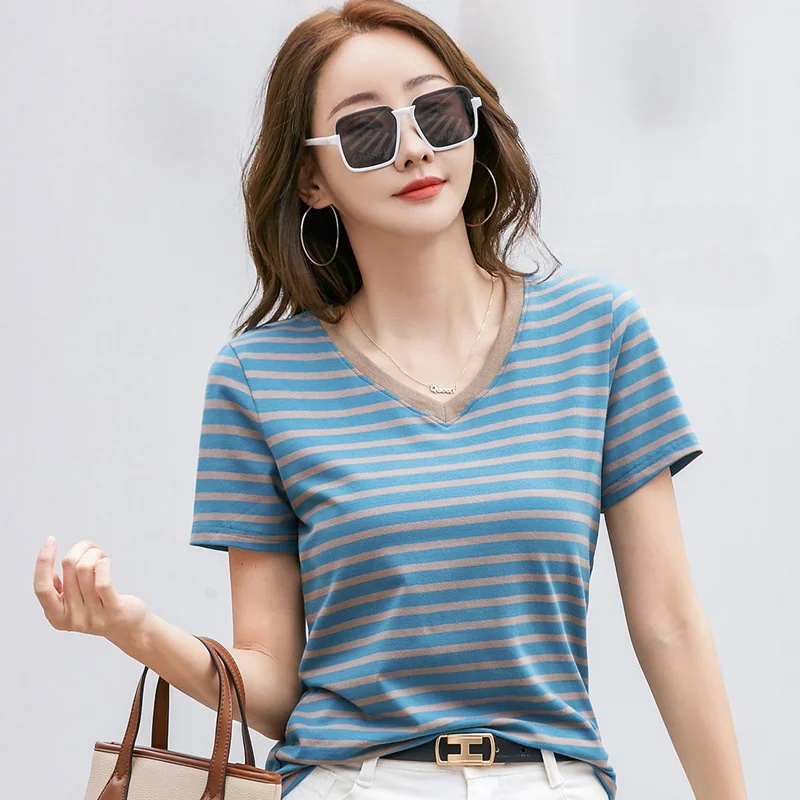 Women's Summer Color Contrast Striped V-neck Short Sleeve Cotton T-shirt Loose Pullover Top Retro Versatile Bottoming Shirts
Women's Summer Color Contrast Striped V-neck Short Sleeve Cotton T-shirt Loose Pullover Top Retro Versatile Bottoming Shirts