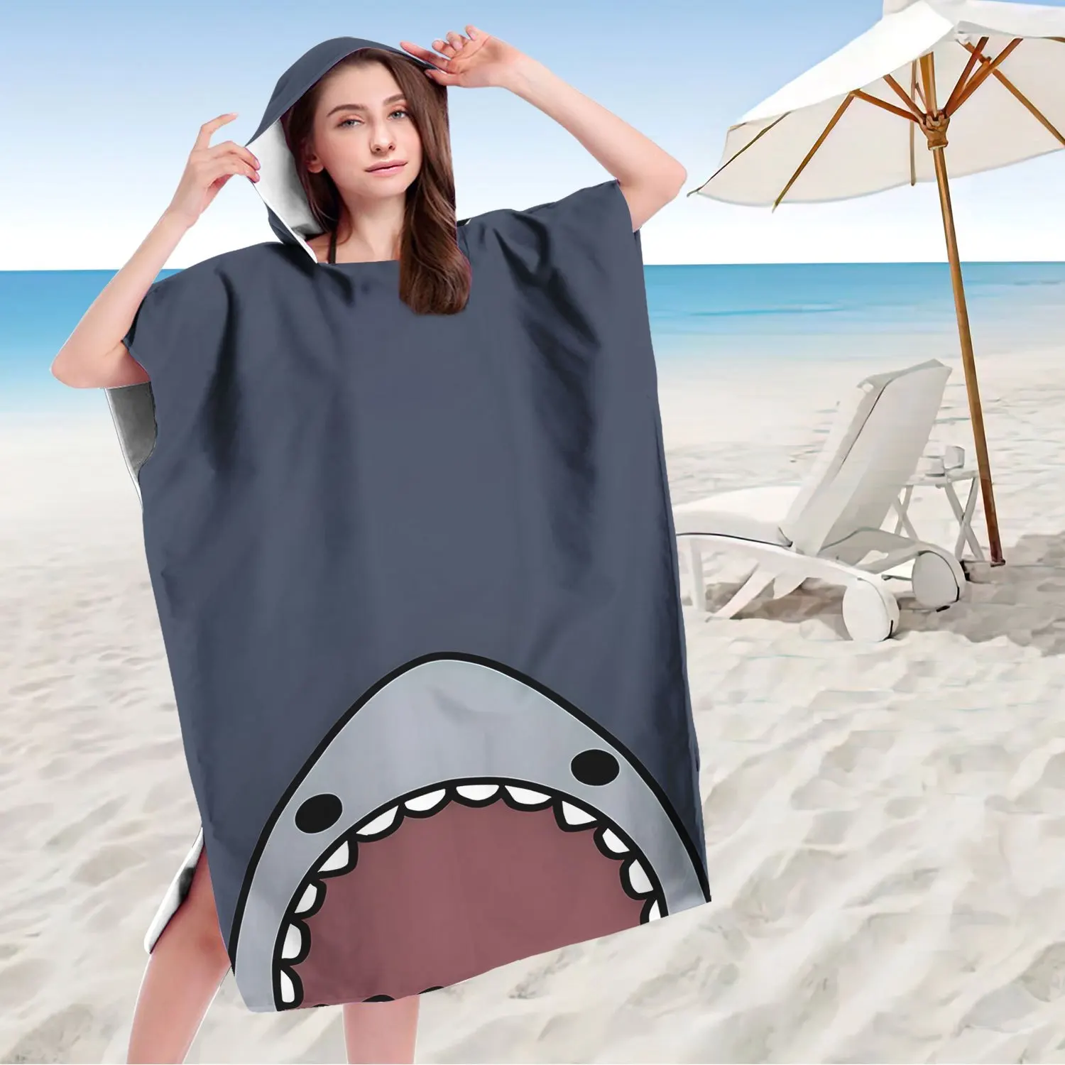 1pc Cartoon Shark Print Hooded Towel Poncho, Quick Dry Polyester Beach Changing Robe, Matching Family/Couple Swim Poncho for Sum
1pc Cartoon Shark Print Hooded Towel Poncho, Quick Dry Polyester Beach Changing Robe, Matching Family/Couple Swim Poncho for Sum