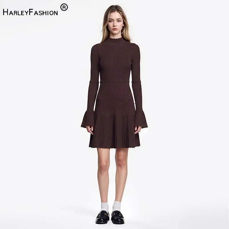 Wholesale In Stock Lady Elegant Style Wear Mock Neck Flared Long Sleeve Women Slim Fitted Solid Knits Short Dress
Wholesale In Stock Lady Elegant Style Wear Mock Neck Flared Long Sleeve Women Slim Fitted Solid Knits Short Dress