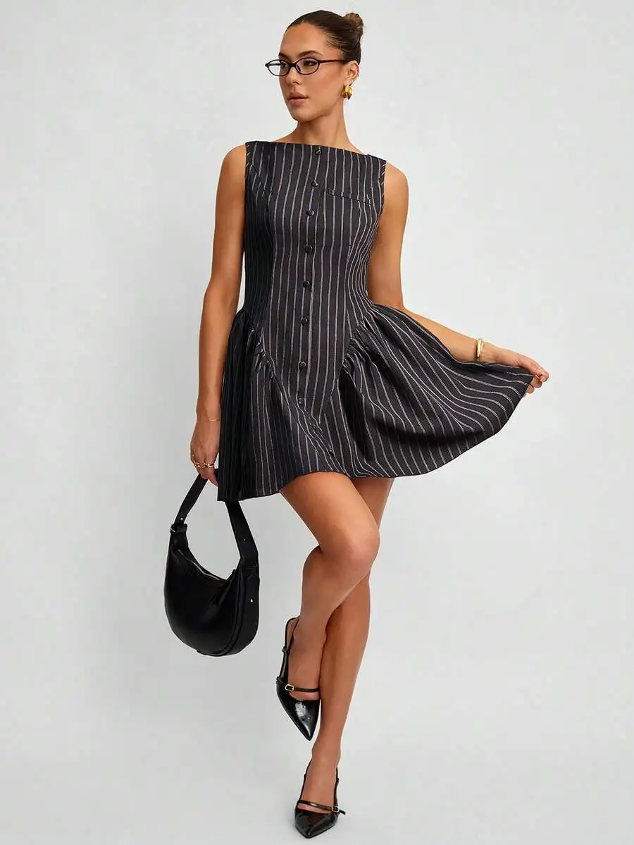 Sleeveless Striped Button Pleated Bodycon Dress For Women
Sleeveless Striped Button Pleated Bodycon Dress For Women