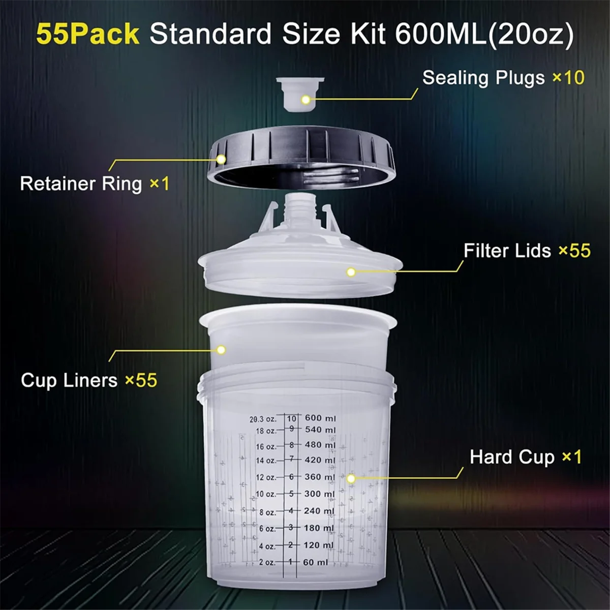 ABNJ Paint Sprayer Mixing Cup, 20 Ounce (600ml) Kit with 55 Cups and Lids System, 1 Hard Cup with Retainer Ring and 10 Plugs
ABNJ Paint Sprayer Mixing Cup, 20 Ounce (600ml) Kit with 55 Cups and Lids System, 1 Hard Cup with Retainer Ring and 10 Plugs